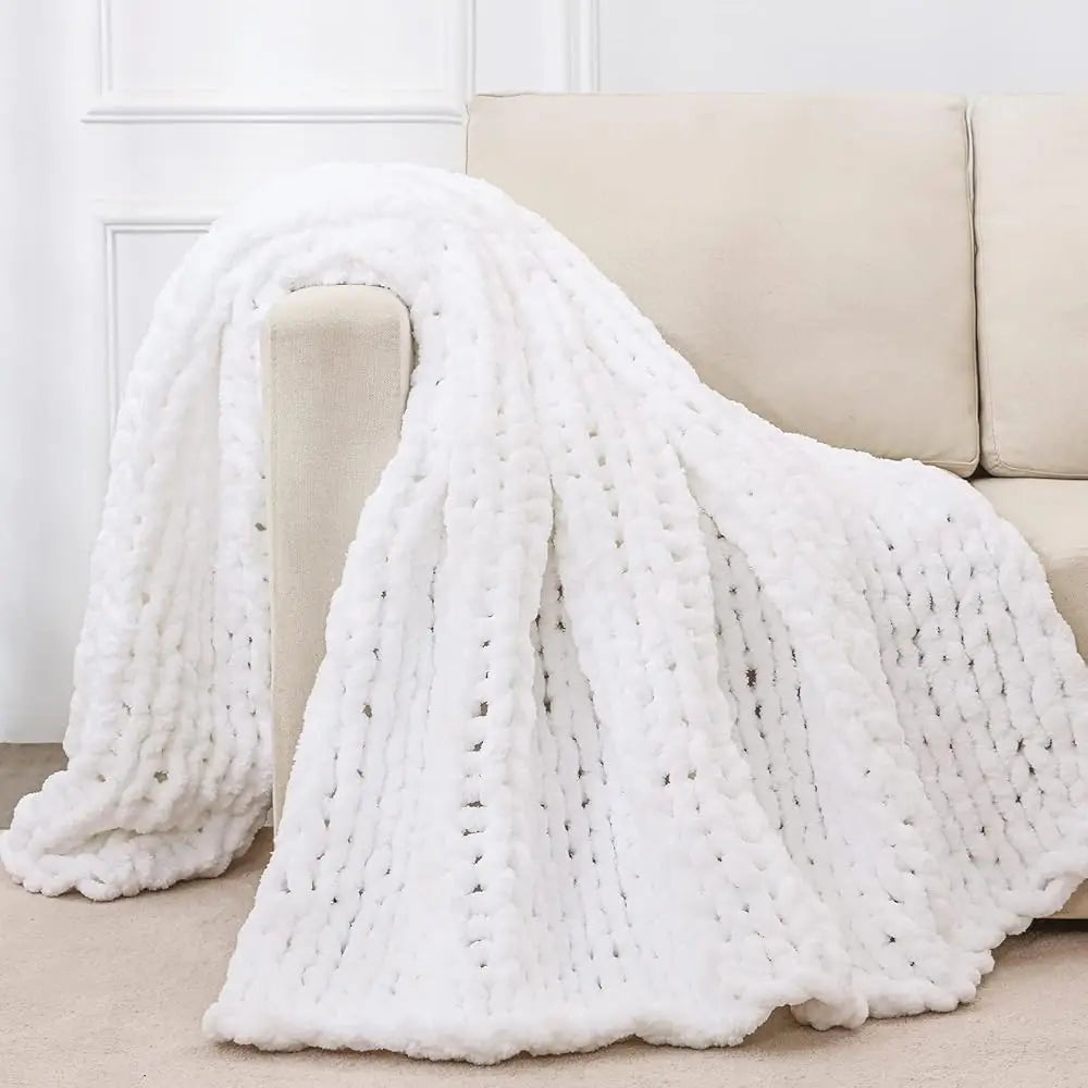 Chunky Knit Throw Blanket For Couch, 80X90 Hes, 100% Hand Knitted With Thi Jumbo Chenille Yarn, Cozy Soft Large Rope Knot Cable
