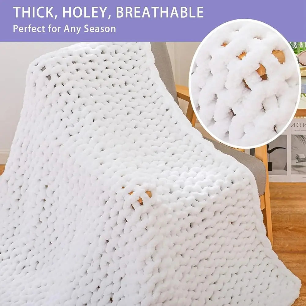 Chunky Knit Throw Blanket For Couch, 80X90 Hes, 100% Hand Knitted With Thi Jumbo Chenille Yarn, Cozy Soft Large Rope Knot Cable