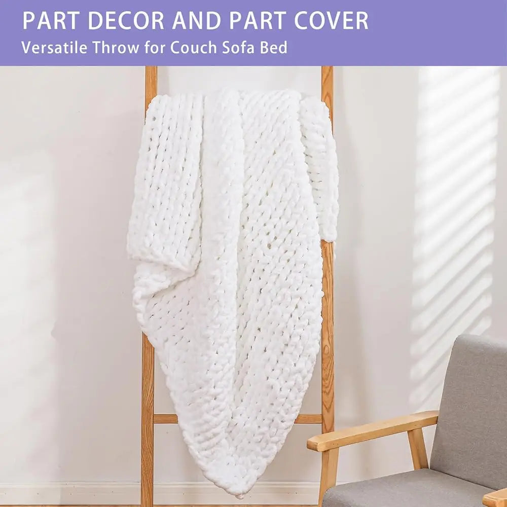 Chunky Knit Throw Blanket For Couch, 80X90 Hes, 100% Hand Knitted With Thi Jumbo Chenille Yarn, Cozy Soft Large Rope Knot Cable