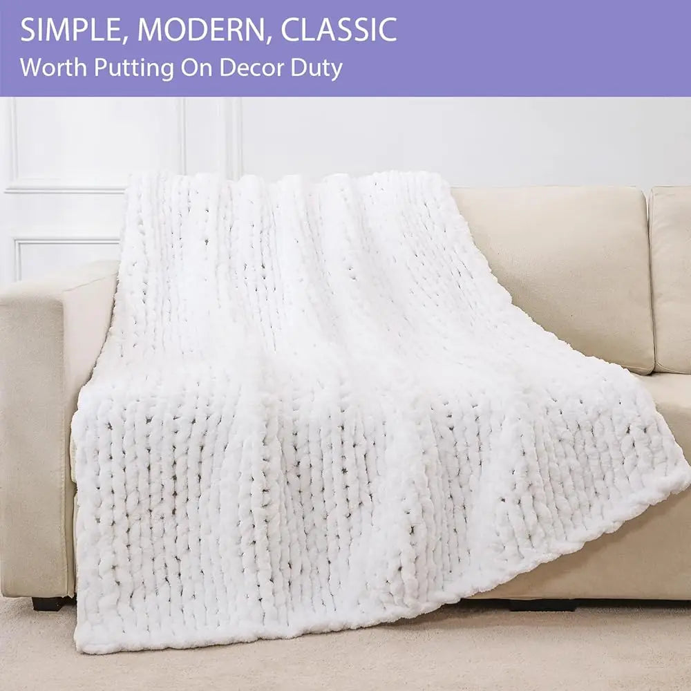 Chunky Knit Throw Blanket For Couch, 80X90 Hes, 100% Hand Knitted With Thi Jumbo Chenille Yarn, Cozy Soft Large Rope Knot Cable