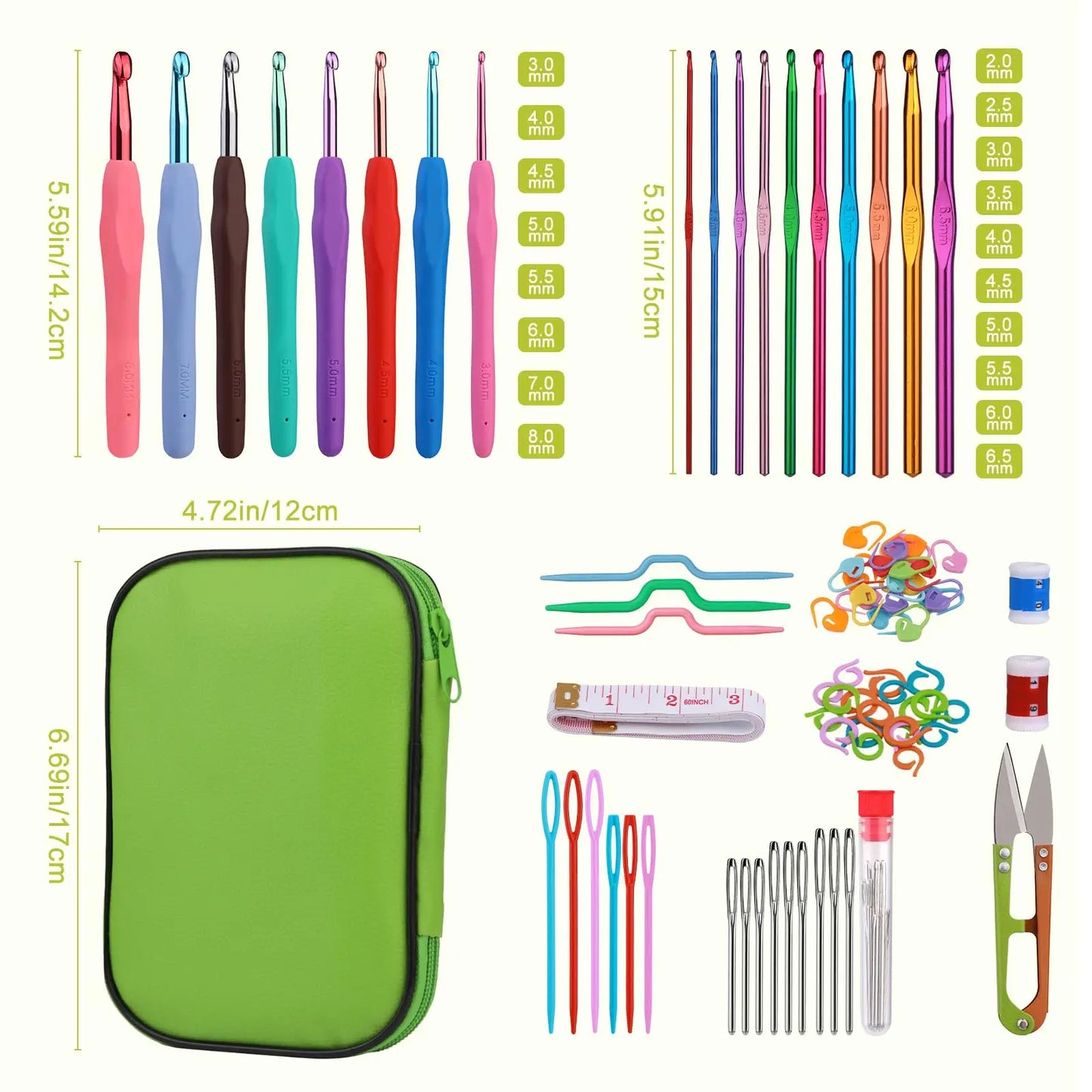 Fenrry Crochet Hook Set Crochet Needle Kit Beginner Yarn Needles Green Case and Crochet Accessories for Knitting Craft