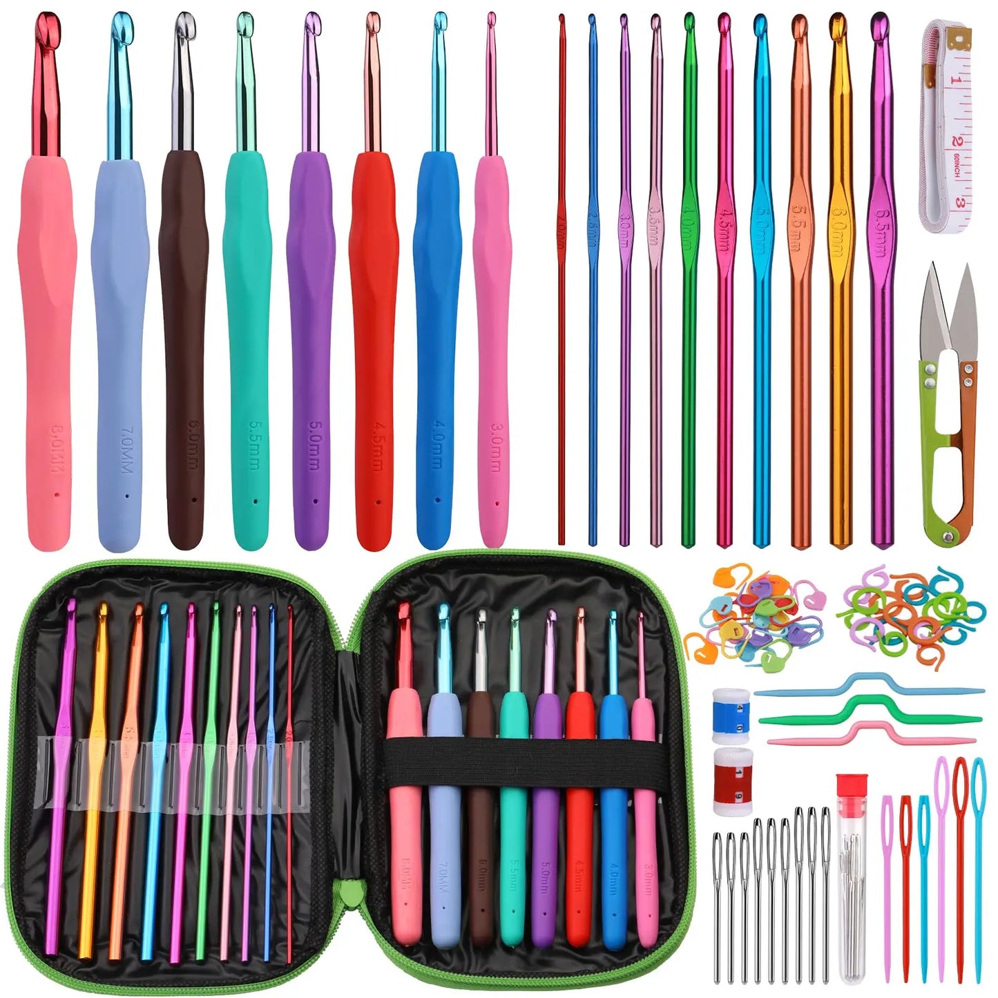 Fenrry Crochet Hook Set Crochet Needle Kit Beginner Yarn Needles Green Case and Crochet Accessories for Knitting Craft