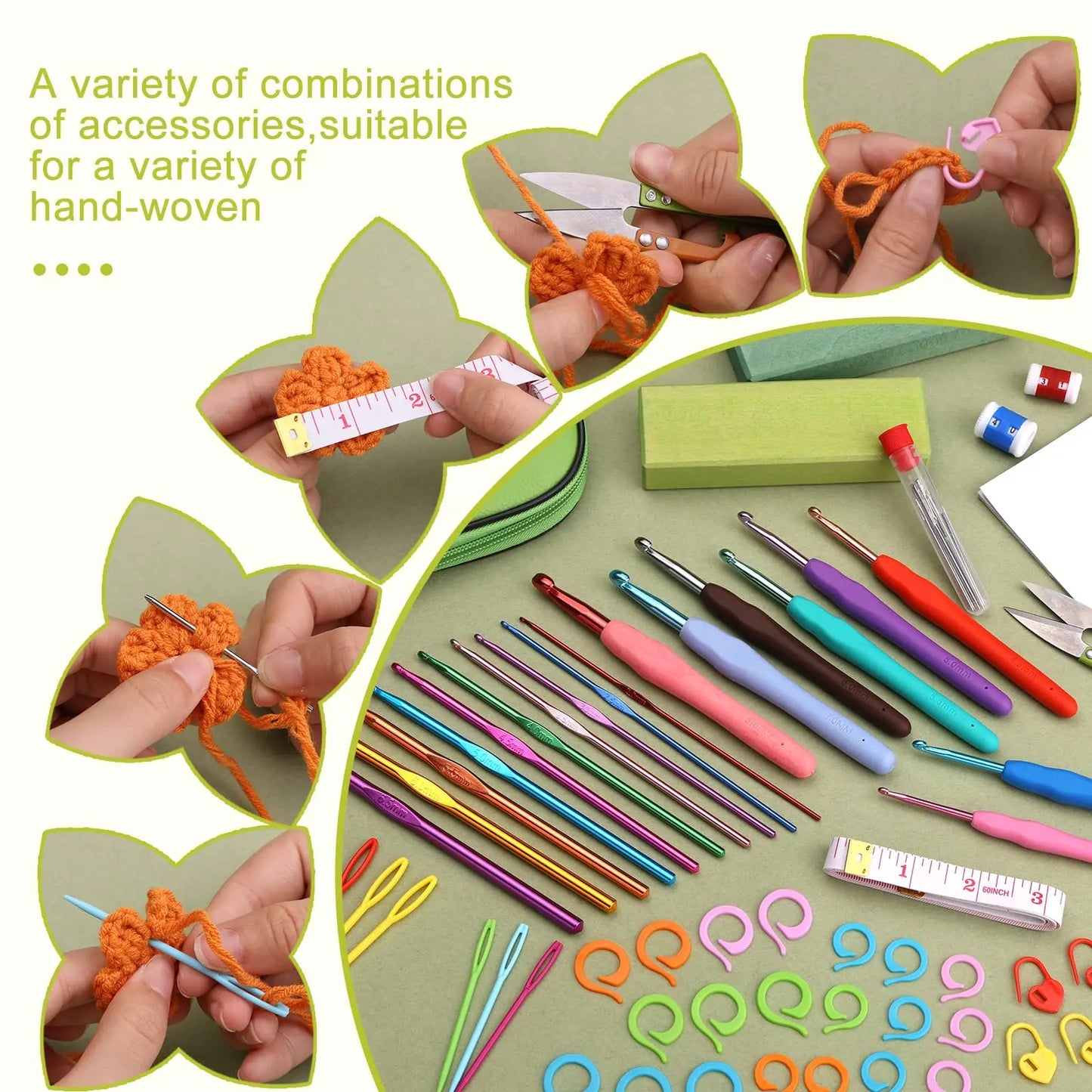 Fenrry Crochet Hook Set Crochet Needle Kit Beginner Yarn Needles Green Case and Crochet Accessories for Knitting Craft